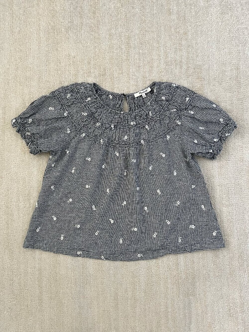 Madewell Embroidered Gingham Shirred Puff Sleeve Top Linen Blend Blouse M